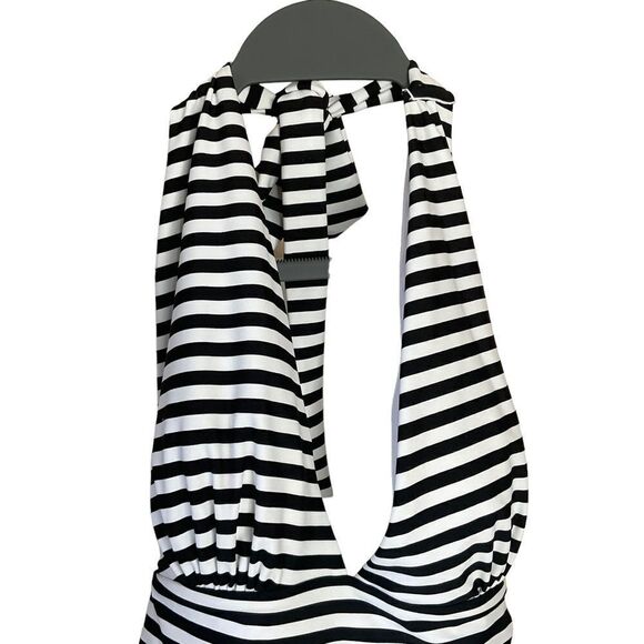 CUPSHE One-Piece Swim Suit Floral Stripes Deep V Halter Style Open Back Size L - Picture 3 of 14